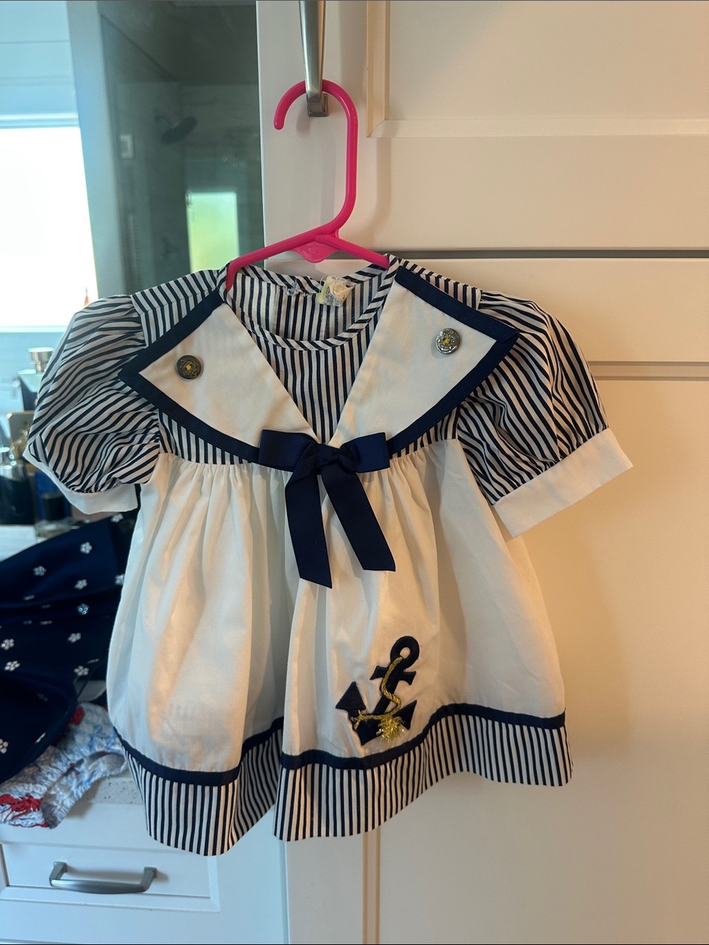 Vintage Navy & White Nautical Toddler Dress with Anchor Detail